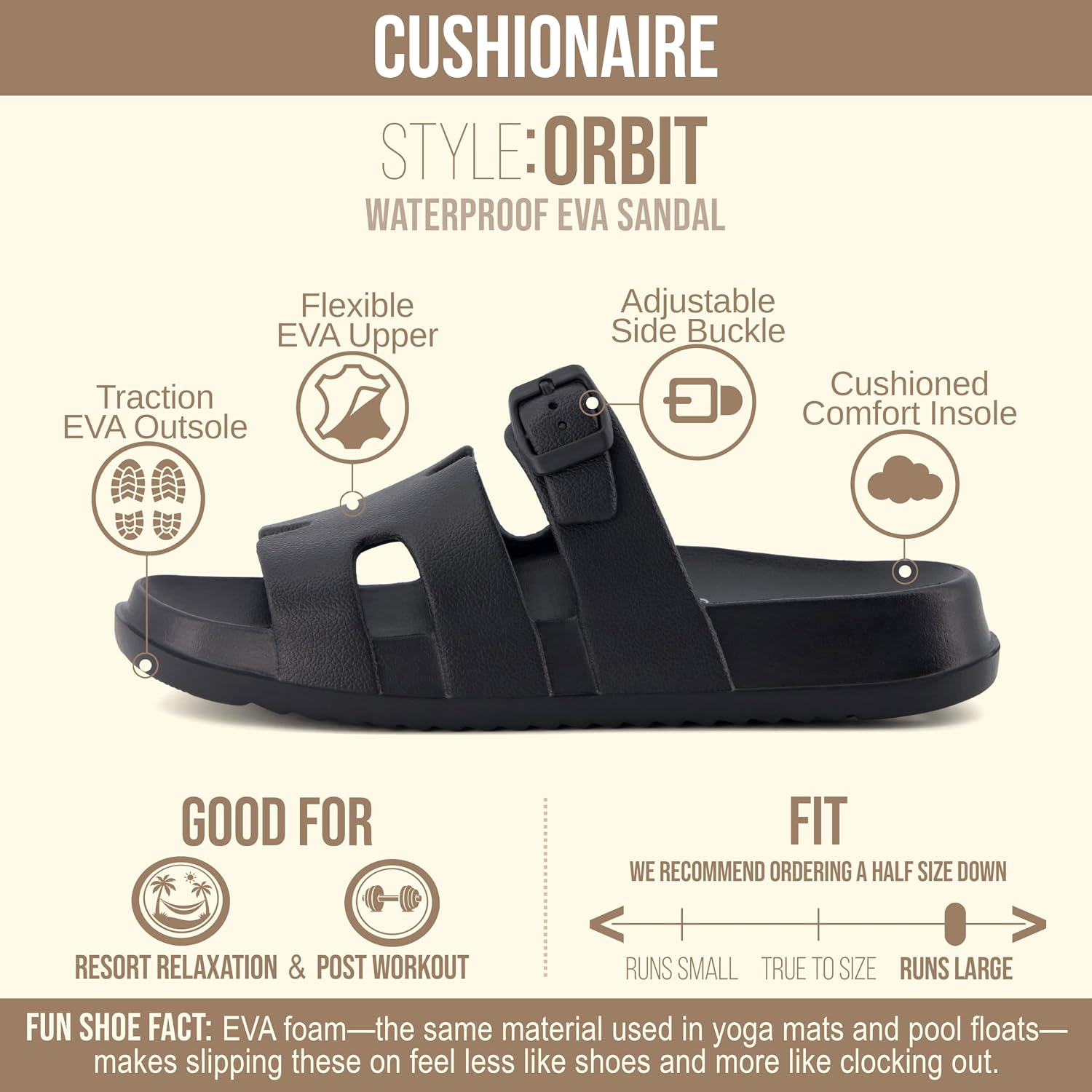 Cushionaire Orbit Waterproof Eva Womens Sandals -Comfortable Summer Slip On Slides For Women With Adjustable Buckle Strap