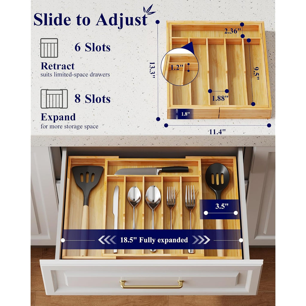 Kitsure Silverware Organizer - Expandable Bamboo Kitchen Drawer Organizer For Cooking Utensils And Cutlery, Sturdy & Thickened Kitchen Organizers And Storage Solution, Large, Natural