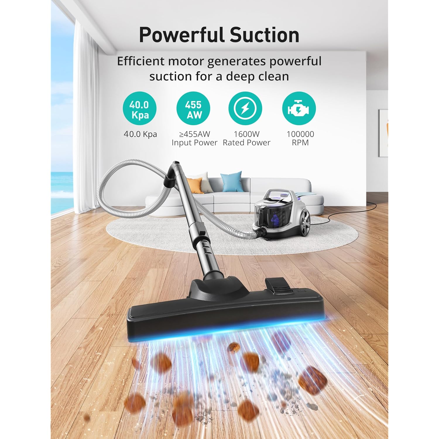 Aspiron 40Kpa Canister Vacuum Cleaner, 1600W Bagless Canister Vacuum Cleaner With 5 Tools, Auto Cord Rewind, H13 Hepa Filter, 4Qt Large Cup, For Hard Floors, Carpet, Pet, Upholstery, Tiles, Purple