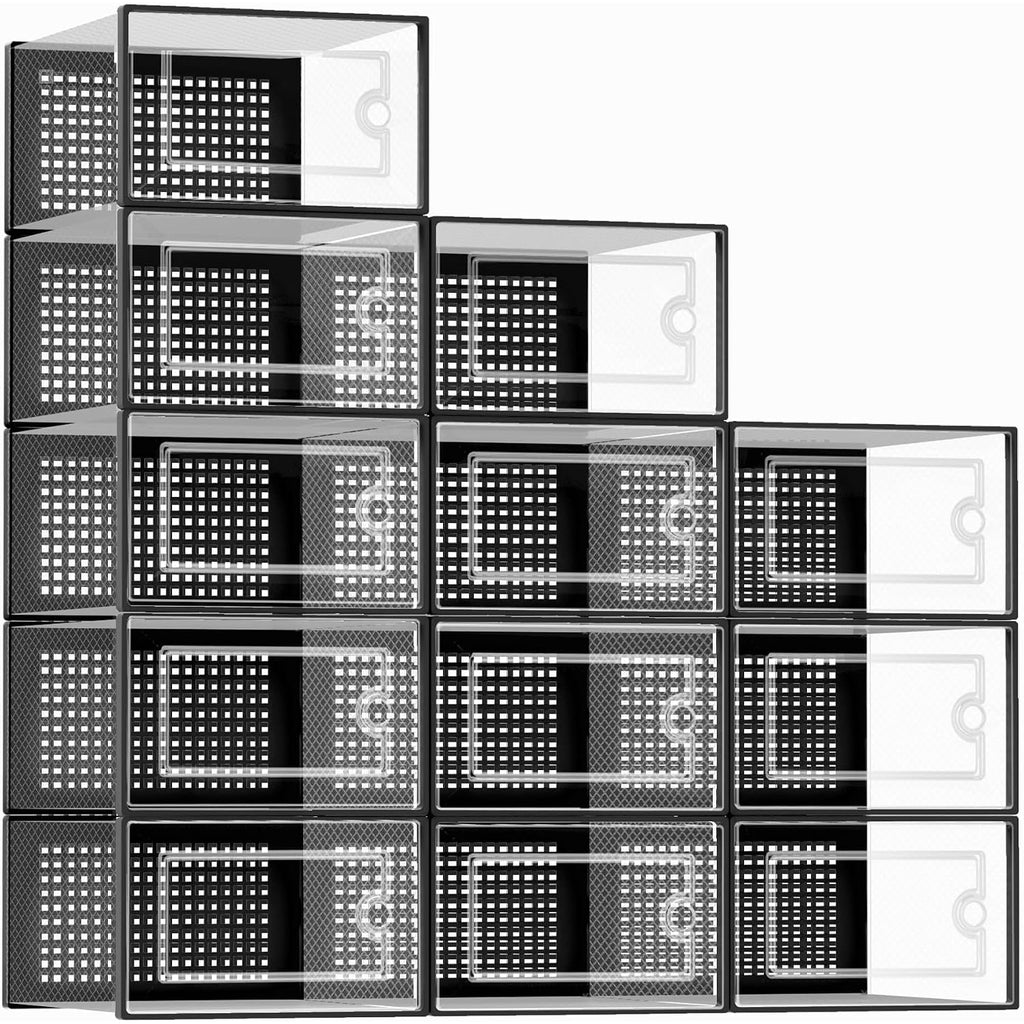 Kuject X-Large Shoe Storage Boxes Organizers Clear Plastic Stackable 12 Pack, Shoe Rack & Holder Substitute, Sneaker Containers, Toy Storage Organizer Bins For Entryway, Closet, Under Bed, Black
