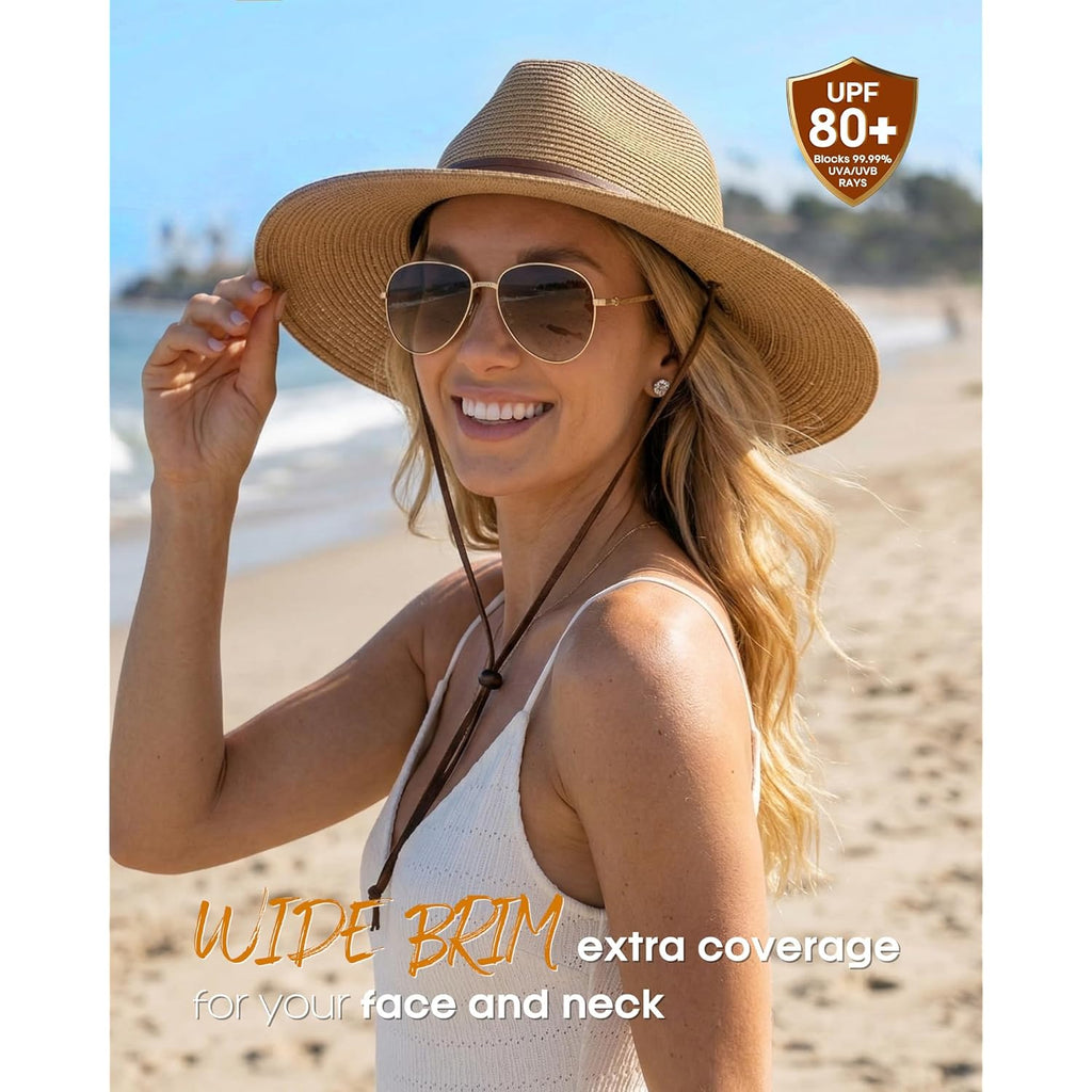 FURTALK Womens Summer Straw Sun Hats Wide Brim Panama Fedora Beach Hat with Wind Lanyard UPF 80+