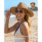 FURTALK Womens Summer Straw Sun Hats Wide Brim Panama Fedora Beach Hat with Wind Lanyard UPF 80+