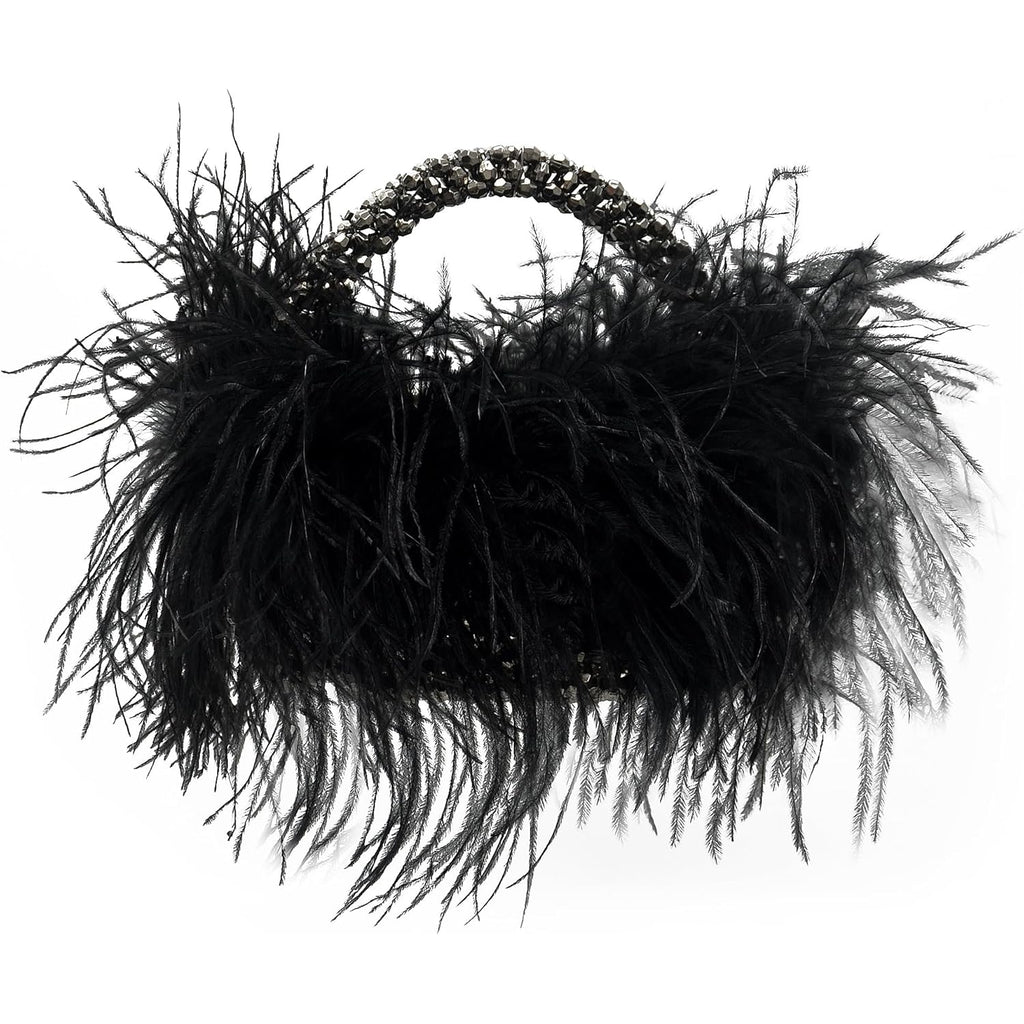 Miuco Real Natural Ostrich Feather Beaded Handbags For Women Handmade Evening Bags Clutch Purse