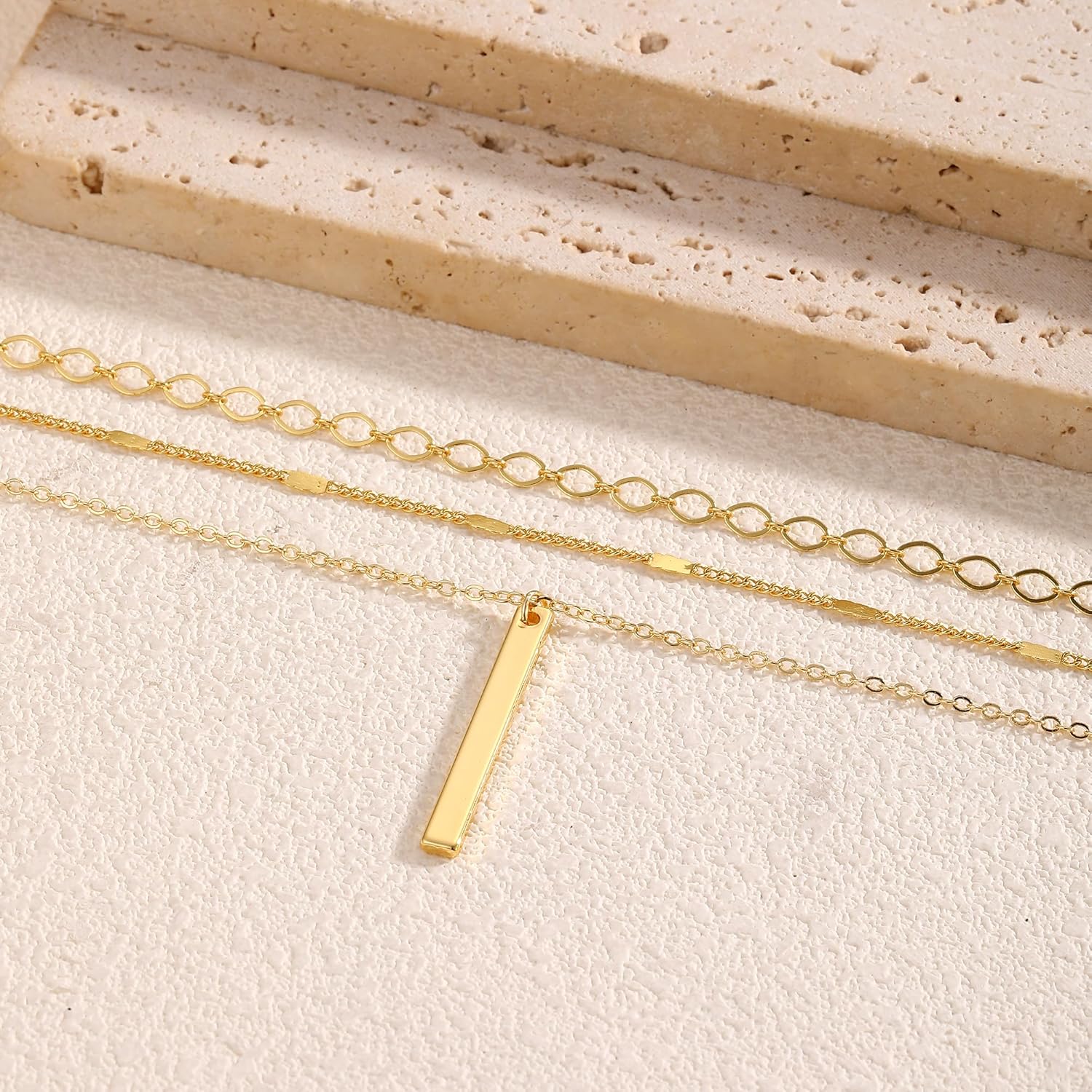 Gold Necklace for Women 14K Gold Plated Layered Cross Bar Necklace Herringbone Figaro Paperclip Flat Chain Cute Charm Accessories Non Tarnish Jewelry Set Gifts for Women