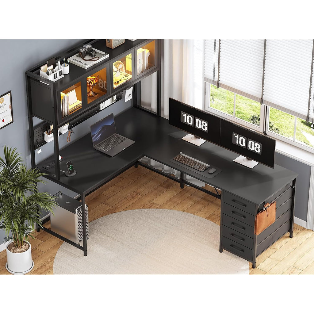 Sedeta L Shaped Gaming Desk With Drawers, L Shaped Computer Desk With Hutch And Storage Shelves, Gaming Desk With Pegboard, Led Lights, And Power Outlet, Home Office Desk, Corner Desk, Black