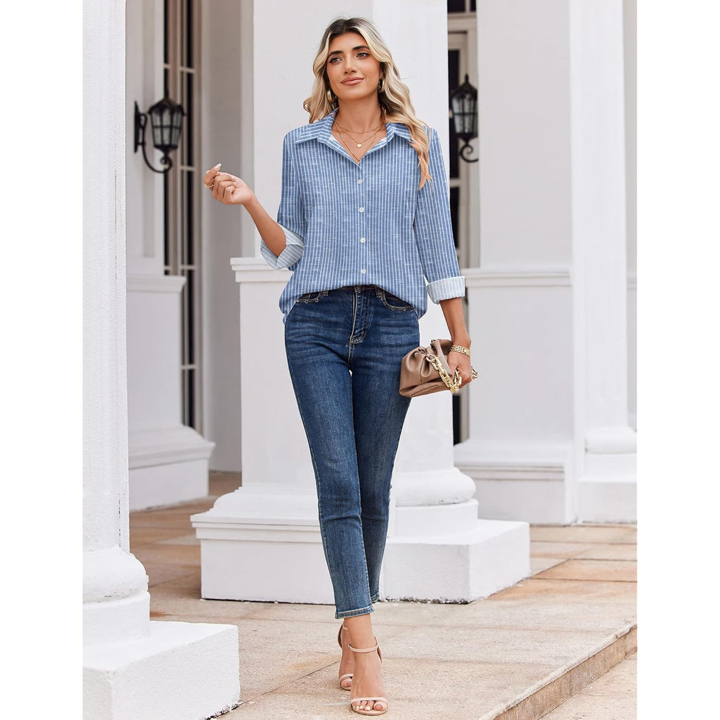 Blouse for Women Dressy Long Sleeve Button Down Shirts Business Casual Outfit Lightweight Solid/Printed Tops