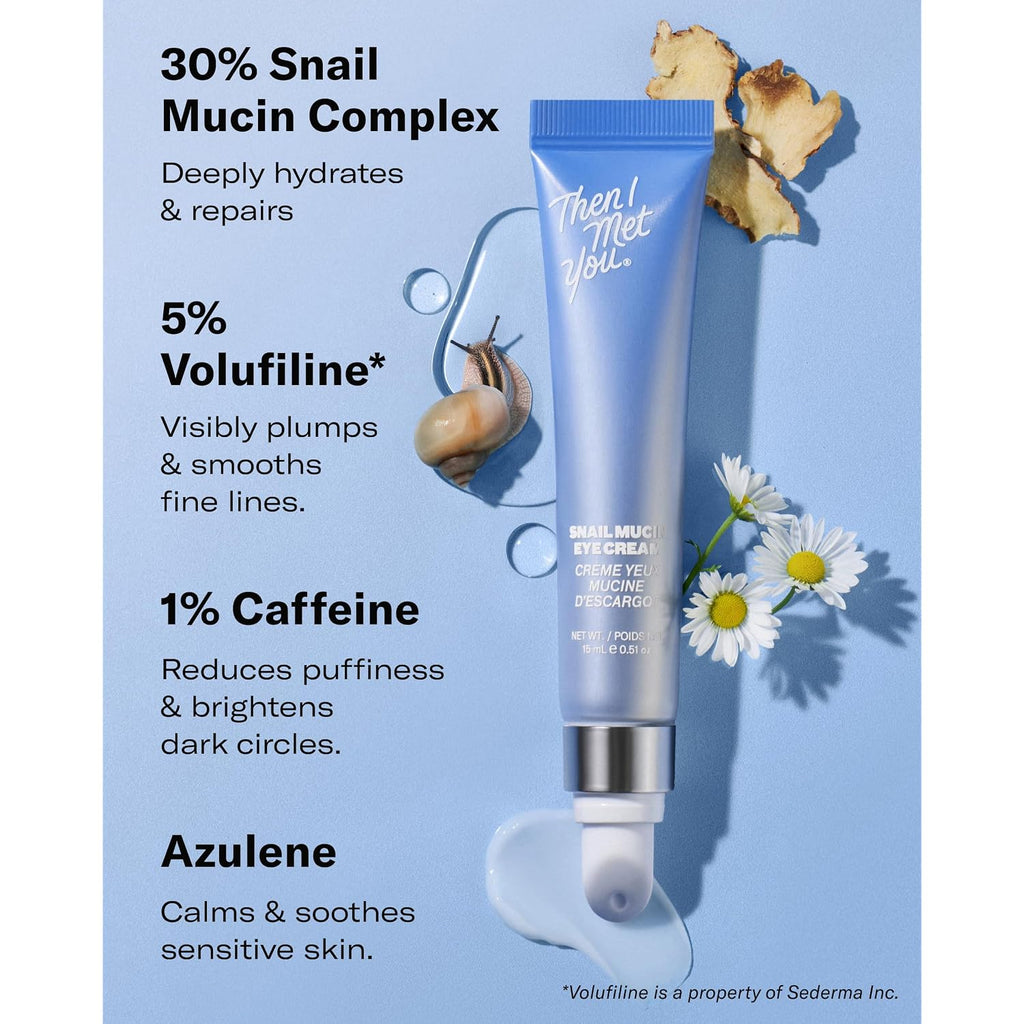 Then I Met You Snail Mucin Eye Cream, Korean Skincare For Dark Circles, Puffy Eyes, & Wrinkles, Firming, Brightening, Plumping, & Hydrating With Volufiline*, Peptides, Collagen, & Caffeine, 0.51 Oz