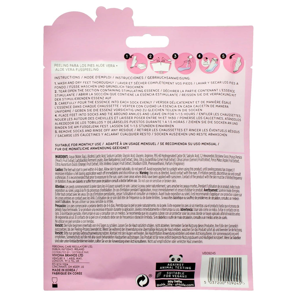 Oh K! Foot Peel Mask - Aloe Vera - Foot Peeling Mask for Dry Feet and Cracked Heels - Feet Exfoliant with Aloe Vera and Peach Extracts - 1 Pair