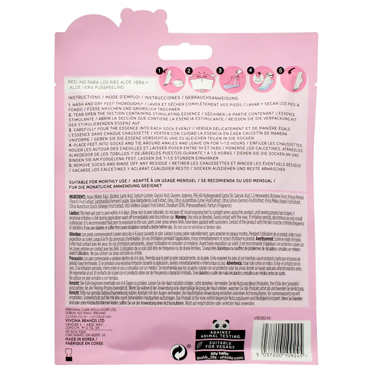 Oh K! Foot Peel Mask - Aloe Vera - Foot Peeling Mask for Dry Feet and Cracked Heels - Feet Exfoliant with Aloe Vera and Peach Extracts - 1 Pair