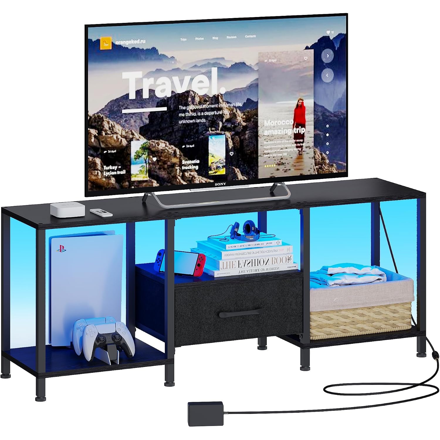 Tv Stand With Led Lights, Entertainment Center With Open Shelves And Fabric Drawer, Media Console For 55 Inch Tv, Television Stands For Living Room, Bedroom, Black