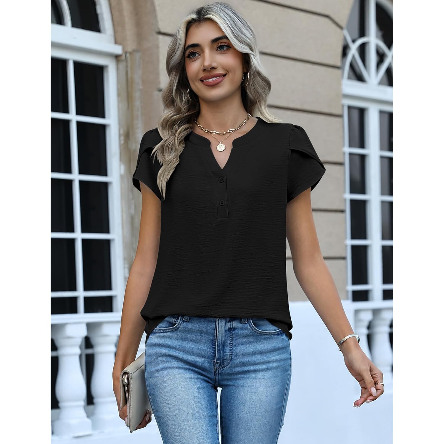 Womens Tops Dressy Casual Textured Blouses Cap Short Sleeve Shirts V Neck Button Up Summer Spring Work Tshirt Clothes