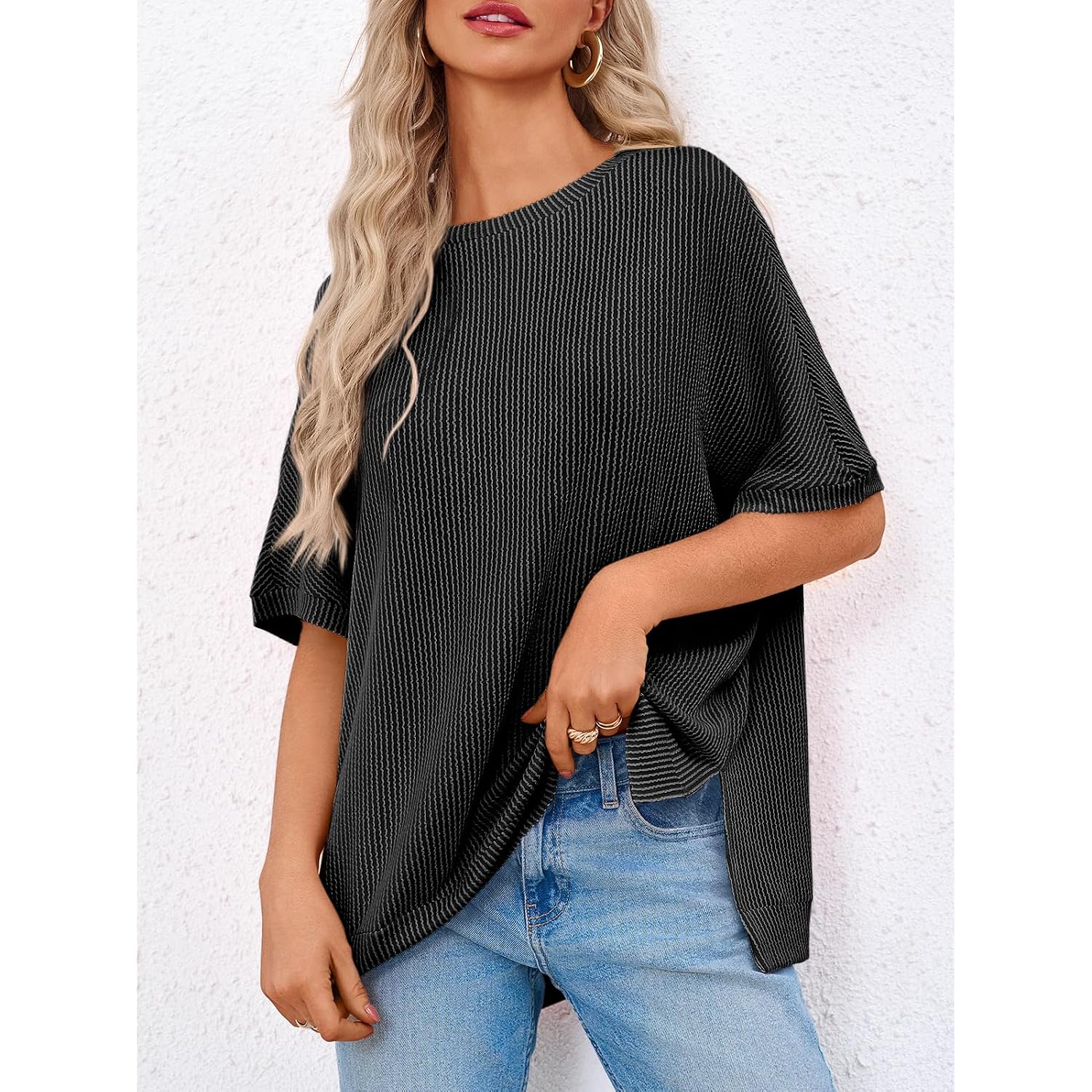 Tankaneo Womens Oversized T Shirts Summer Casual Ribbed Batwing Short Sleeve Tunic Tops Loose Fit Dolman Sleeve Tees