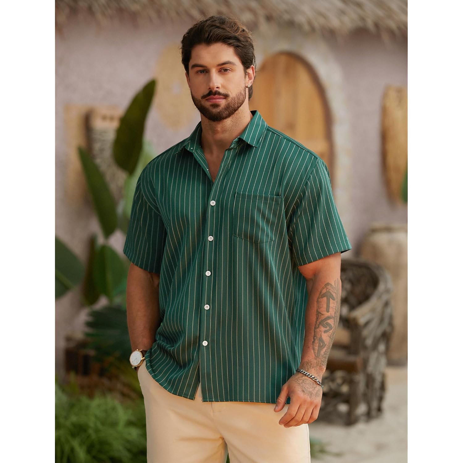 Hardaddy Men'S Casual Striped Shirts Button Down Short Sleeve Blouse Summer Hawaiian Shirt