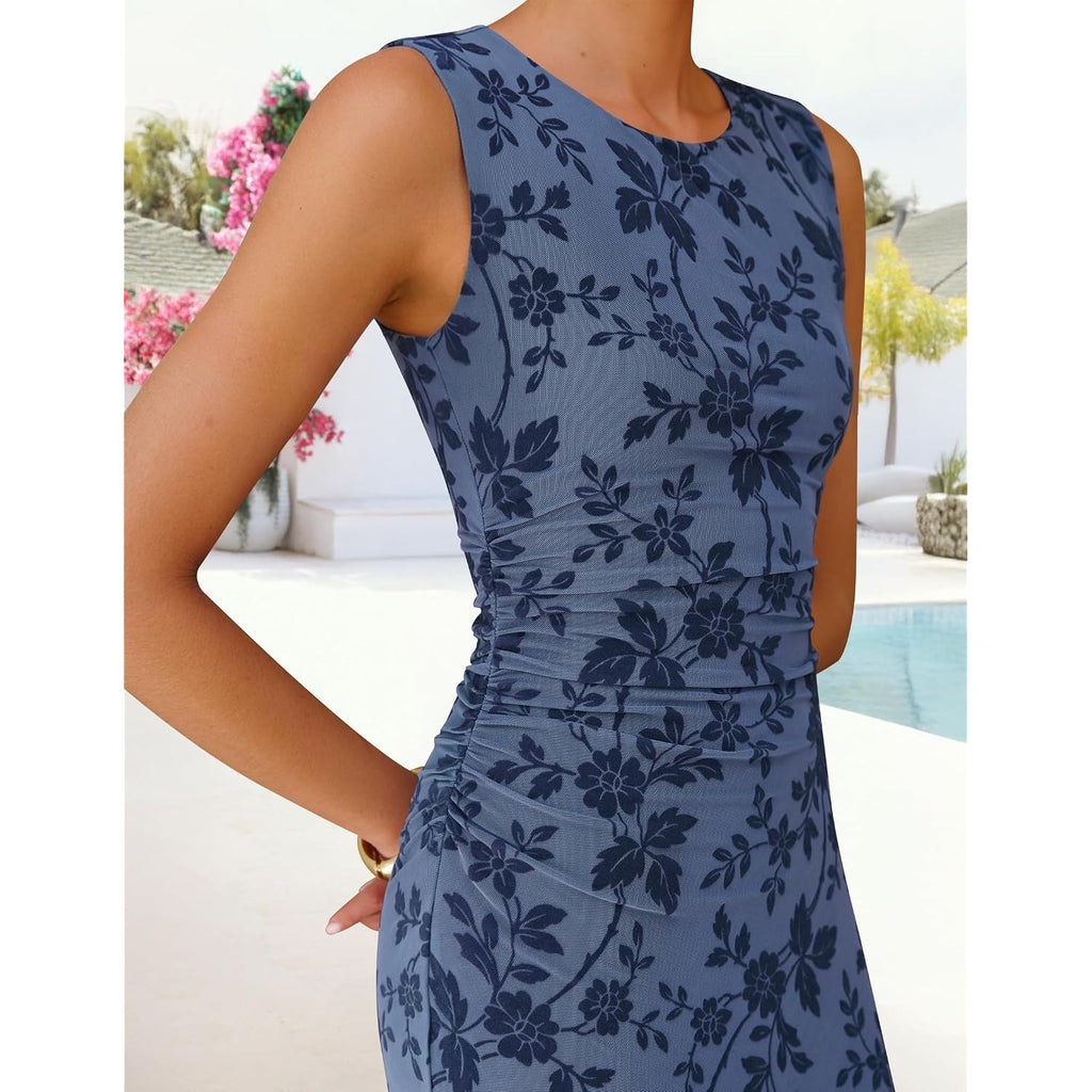 Zesica Women'S Sleeveless Floral Bodycon Maxi Dress 2026 Summer Ruched Mesh Wedding Guest Cocktail Party Dresses