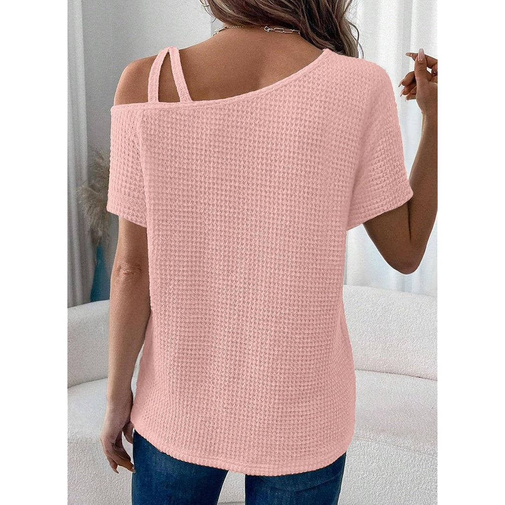 Dokotoo Womens Summer Tops Off One Shoulder Waffle Knit Short Sleeve T-Shirts Casual Lightweight Solid Color Blouses