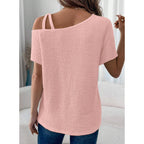 Dokotoo Womens Summer Tops Off One Shoulder Waffle Knit Short Sleeve T-Shirts Casual Lightweight Solid Color Blouses