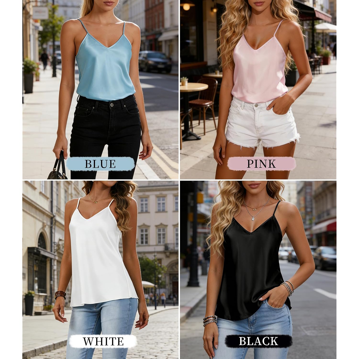 ETOSELL Silk Satin Tank Tops for Women V Neck Cami Summer Sleeveless Camisoles Adjustable Spaghetti Straps Blouses