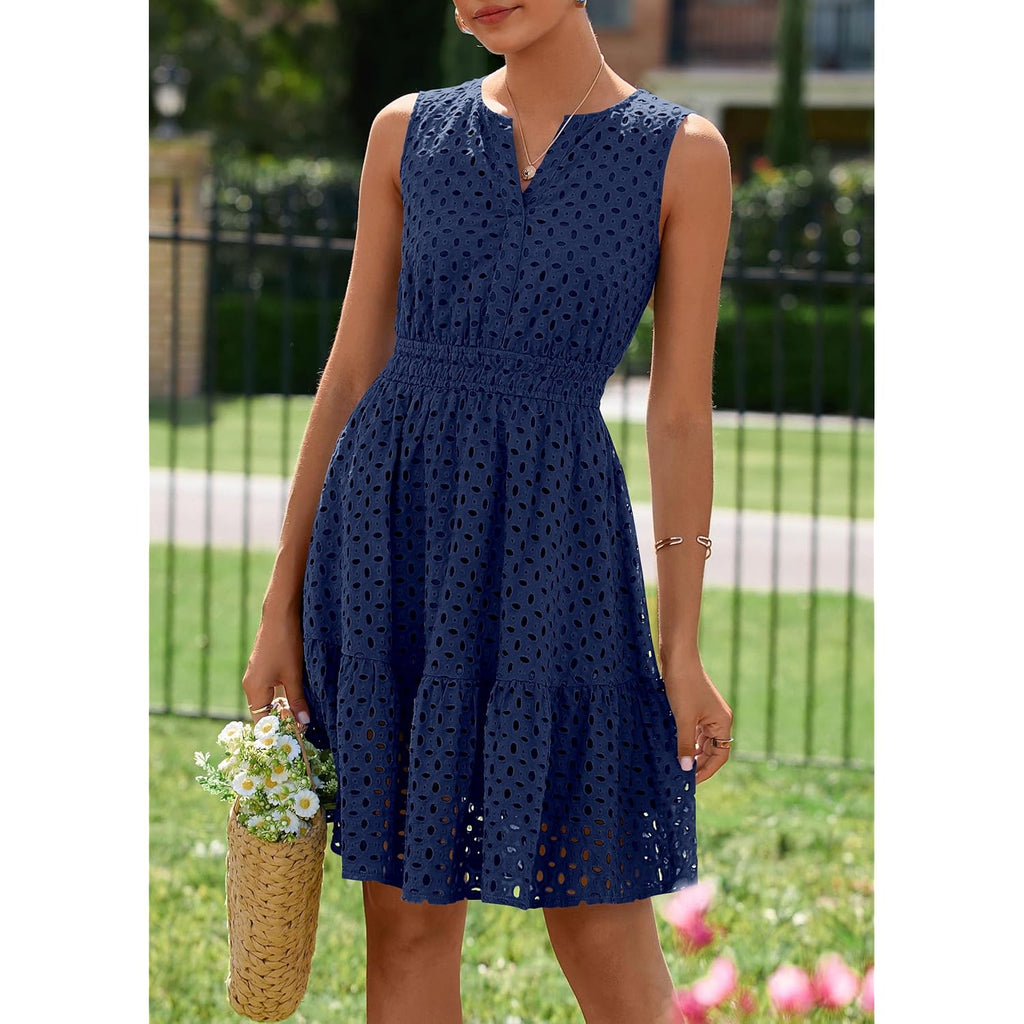 Prettygarden Women'S Summer Dresses 2026 Sleeveless V Neck Eyelet Hollow Out Swing A Line Beach Vacation Sun Dress