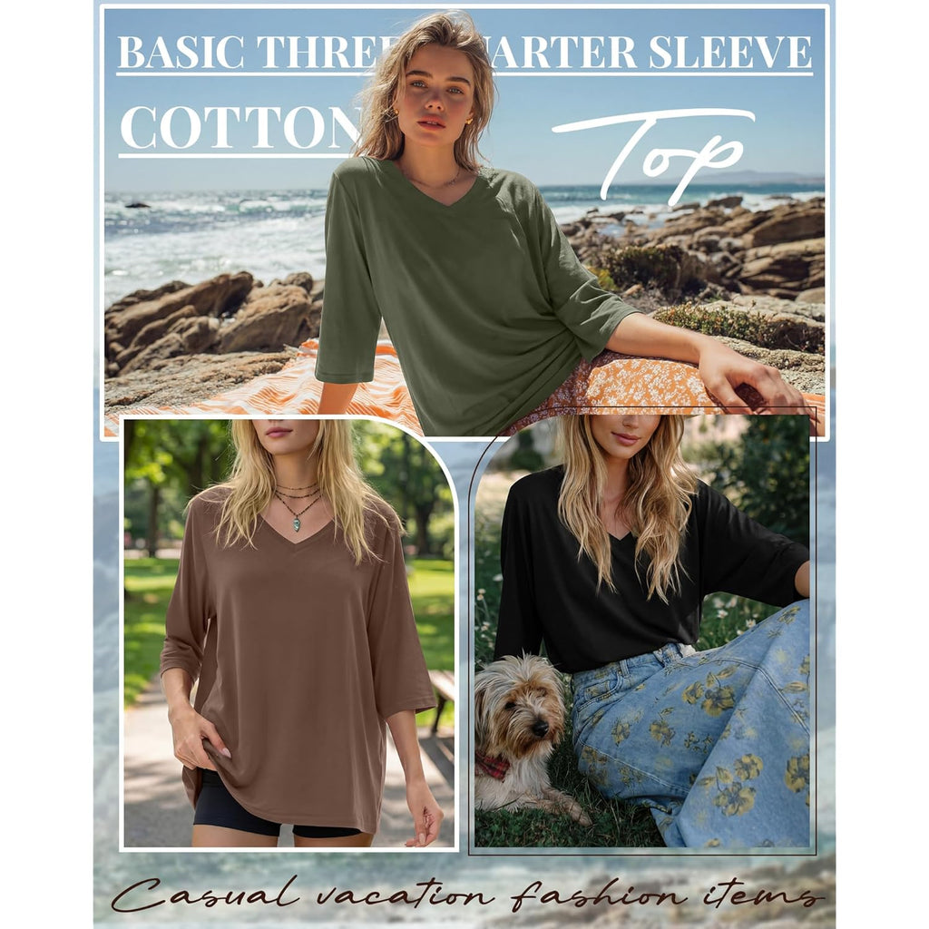 3 Pack Oversized 3/4 Length Sleeve Tops for Women Dressy Casual V Neck Basic Tees Loose Fit Cotton T Shirts