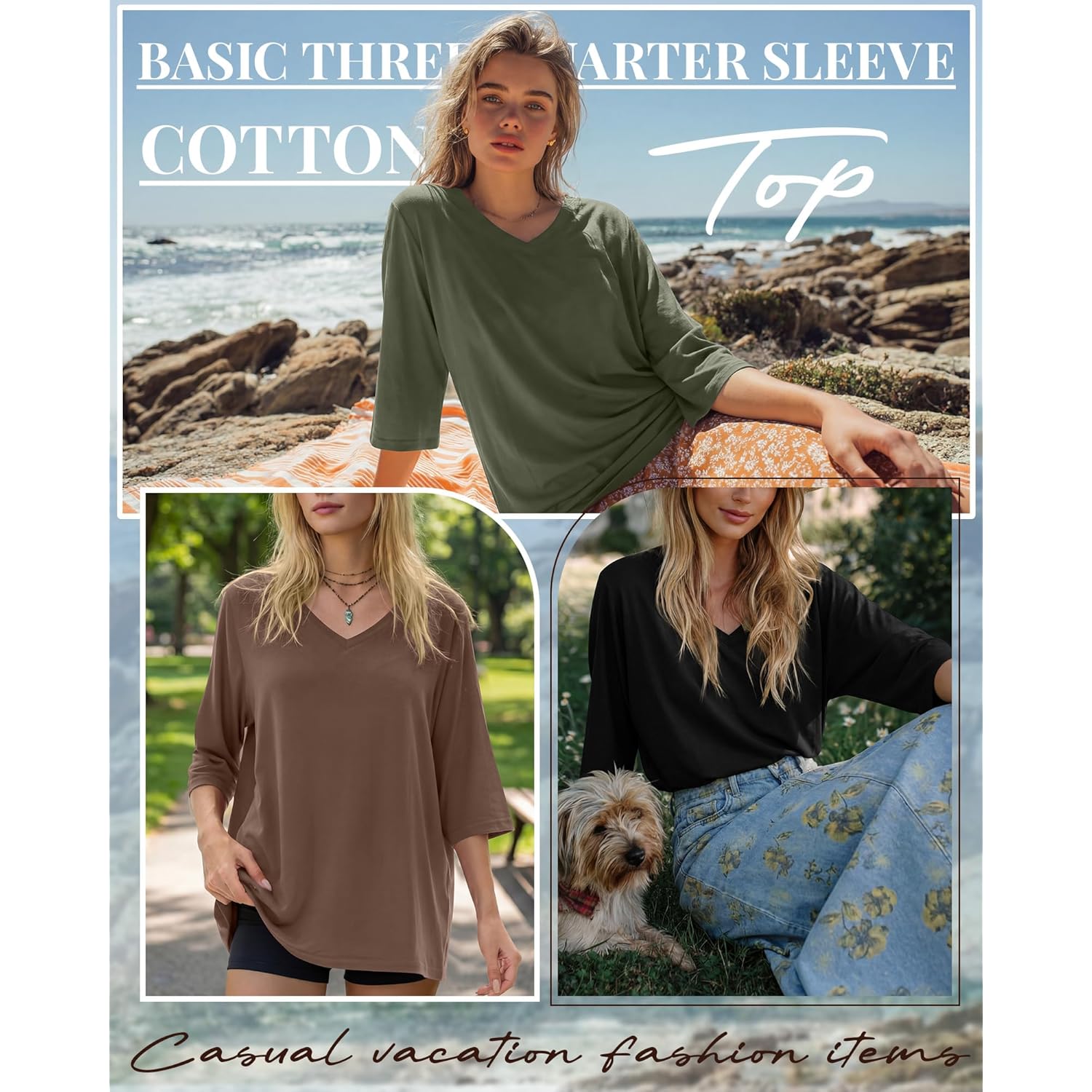3 Pack Oversized 3/4 Length Sleeve Tops for Women Dressy Casual V Neck Basic Tees Loose Fit Cotton T Shirts