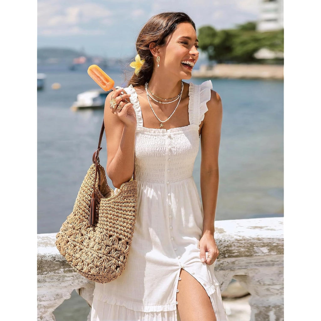Women Summer Casual Midi Dress Square Neck Button Down Smocked Ruffle Strap Flowy Split Beach Sundress Pockets