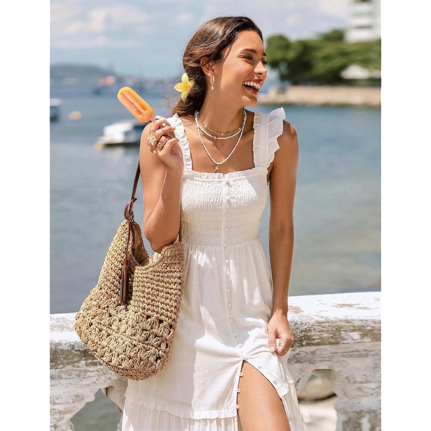 Women Summer Casual Midi Dress Square Neck Button Down Smocked Ruffle Strap Flowy Split Beach Sundress Pockets