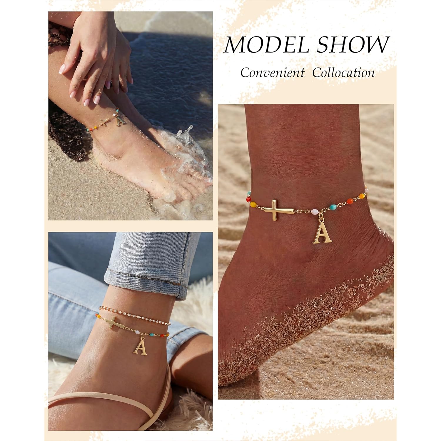 TOBENY Ankle Bracelets for Women Waterproof 14K Gold Plated A-Z Initial Cross Anklet Colorful Hypoallergenic Letter Anklets for Women Non Tarnish Summer Beach Jewelry Gift for Daughter Mom Sister