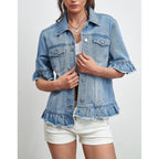 Short Sleeve Denim Jacket For Women Lightweight Blue Jean Jackets Ruffle Sleeve Denim Shirt Summer Top