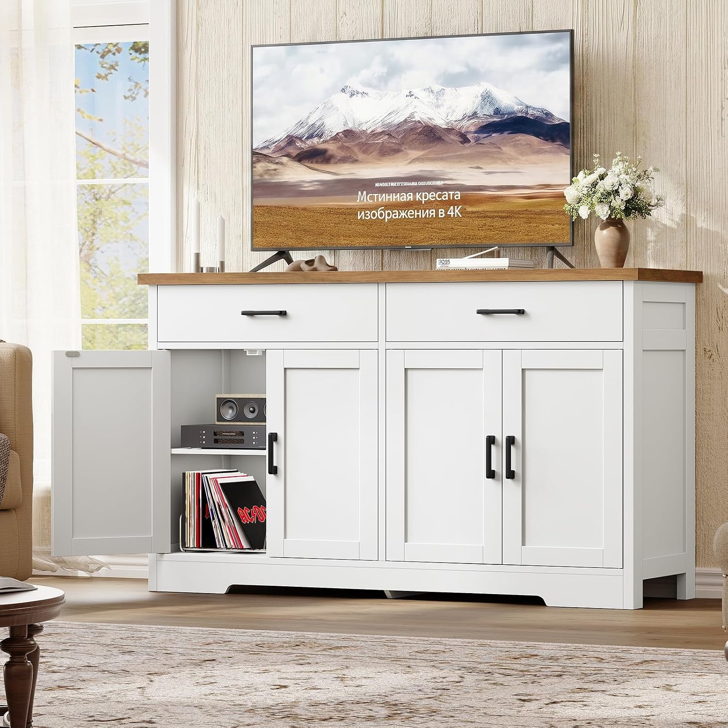 Buffet Cabinet With Storage And 2 Drawers, 47.2“ Large Sideboard Buffet Cabinet With Adjustable Shelves And Doors, Modern Coffee Bar Cabinet, White