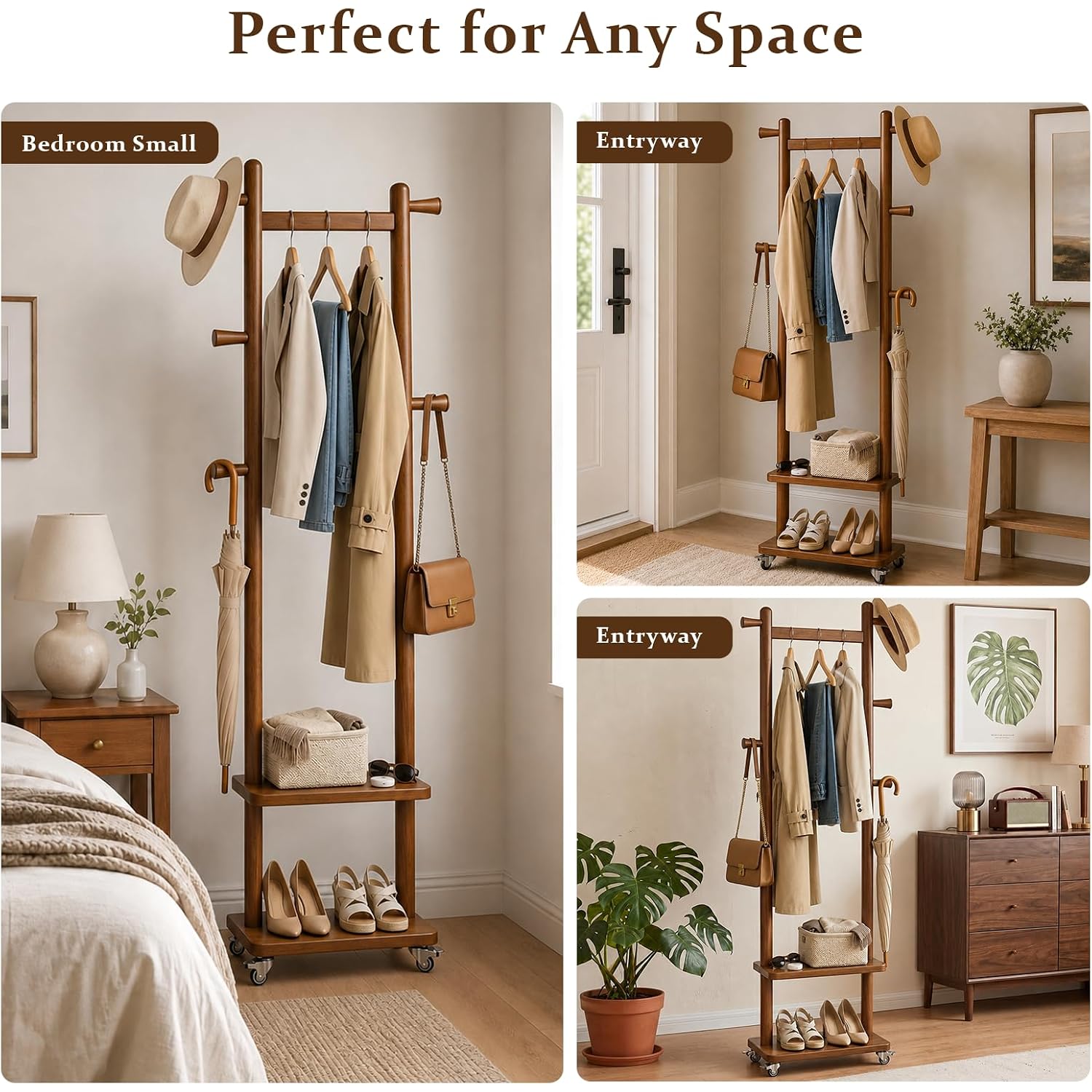 Solid Wood Coat Rack Freestanding Clothing Rack With Wheels & 2 Shelves Storage & 5 Hooks Heavy Duty Clothes Rack Wood Coat Tree Stand Hat Hanger Rack For Corner Bedroom Entryway Living Room Hotel