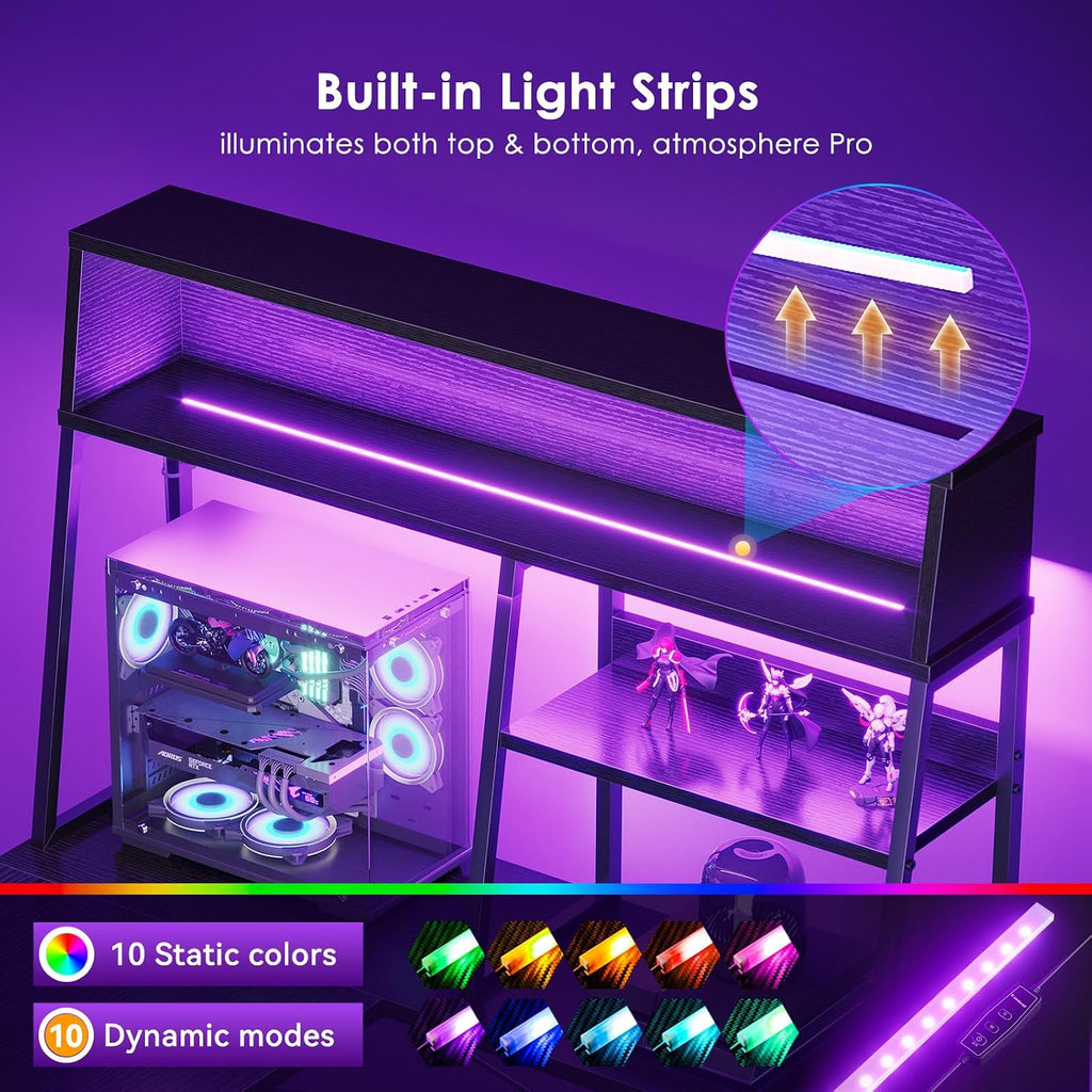 Aodk L Shaped Gaming Desk With Led Lights, 51 Inch Reversible Gaming Computer Desk With Display Shelves, Pc Gamer Desk Gamer Table With Storage Bag, L Desk For Game, Black