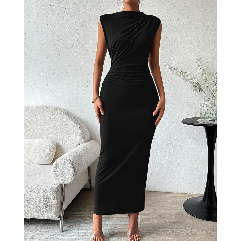 Btfbm Women Ruched Bodycon Maxi Dresses Summer Casual Sleeveless Lightweight Slit Elegant Cocktail Wedding Guest Dress