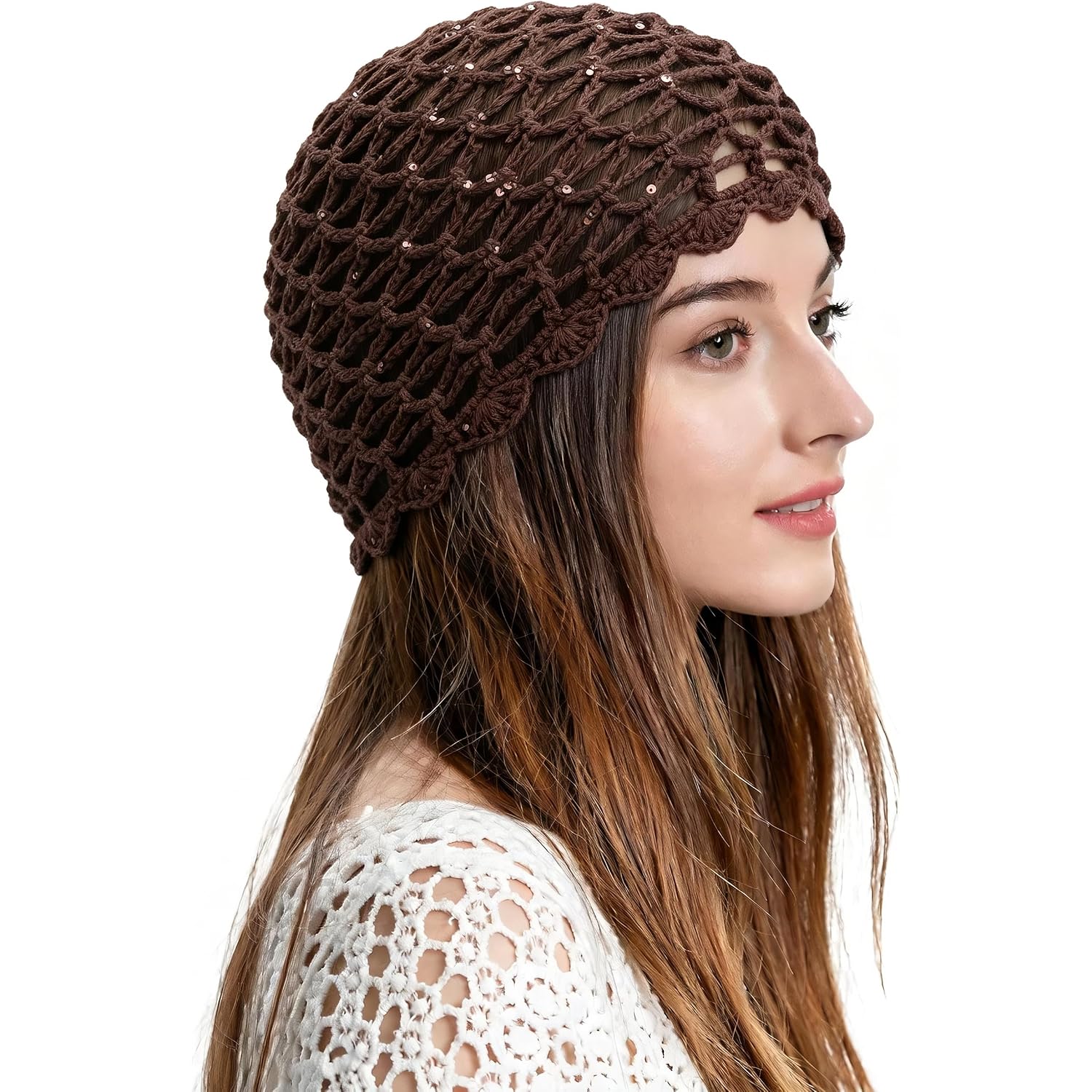 Zlyc Women Crochet Beanie Handmade Knit Flower Shiny Summer Vintage Skull Hat