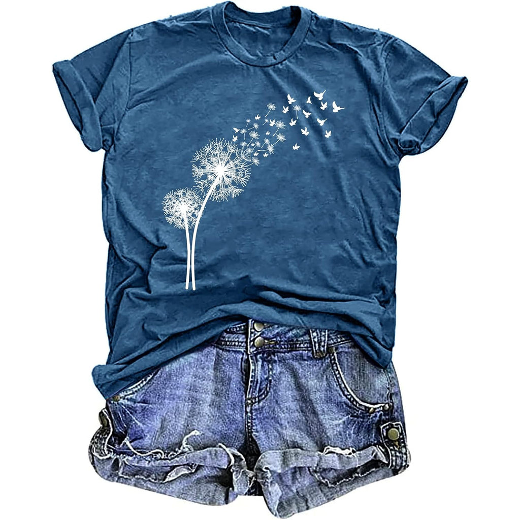 Womens Dandelion Shirts Boho Flower Graphic Tee Scatter Kindness T Shirts Casual Summer Floral Tops Blue