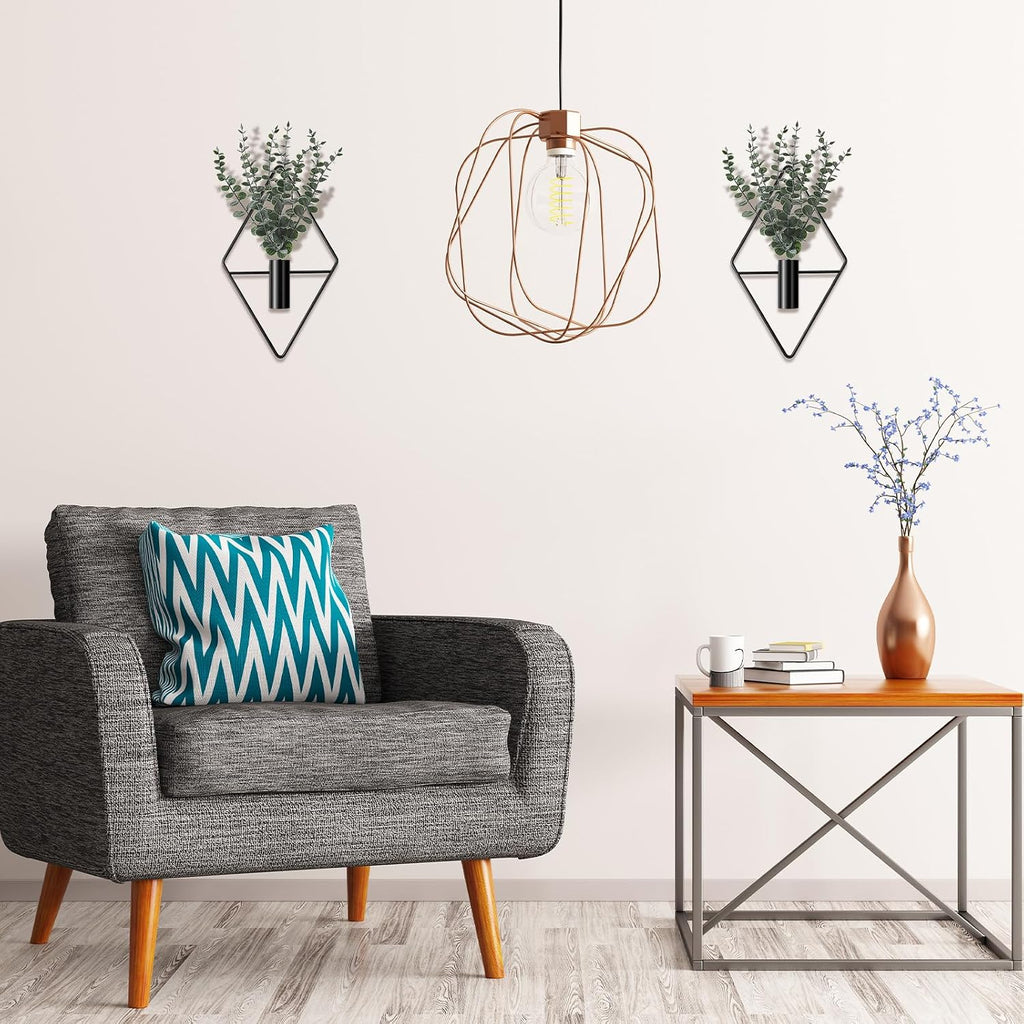 Jexine 4 Pcs Hanging Planters With Artificial Eucalyptus Metal Hanging Vase Indoor Plants Holder Modern Geometric Boho Bathroom Wall Decor For Living Room Home Office(Black)