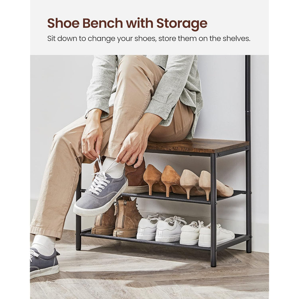 VASAGLE Hall Tree with Bench and Shoe Storage, Entryway Bench with Coat Rack Stand and Shoe Rack, 9 Movable Hooks, Top Bar, Fabric Shelves, Industrial, Rustic Brown and Black UHSR411B01