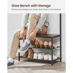 VASAGLE Hall Tree with Bench and Shoe Storage, Entryway Bench with Coat Rack Stand and Shoe Rack, 9 Movable Hooks, Top Bar, Fabric Shelves, Industrial, Rustic Brown and Black UHSR411B01