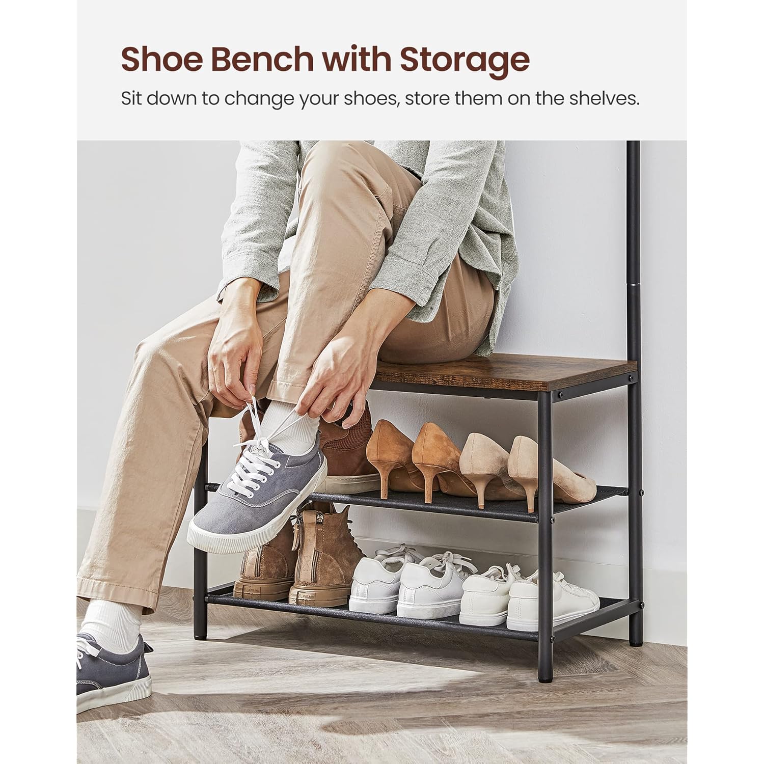 VASAGLE Hall Tree with Bench and Shoe Storage, Entryway Bench with Coat Rack Stand and Shoe Rack, 9 Movable Hooks, Top Bar, Fabric Shelves, Industrial, Rustic Brown and Black UHSR411B01