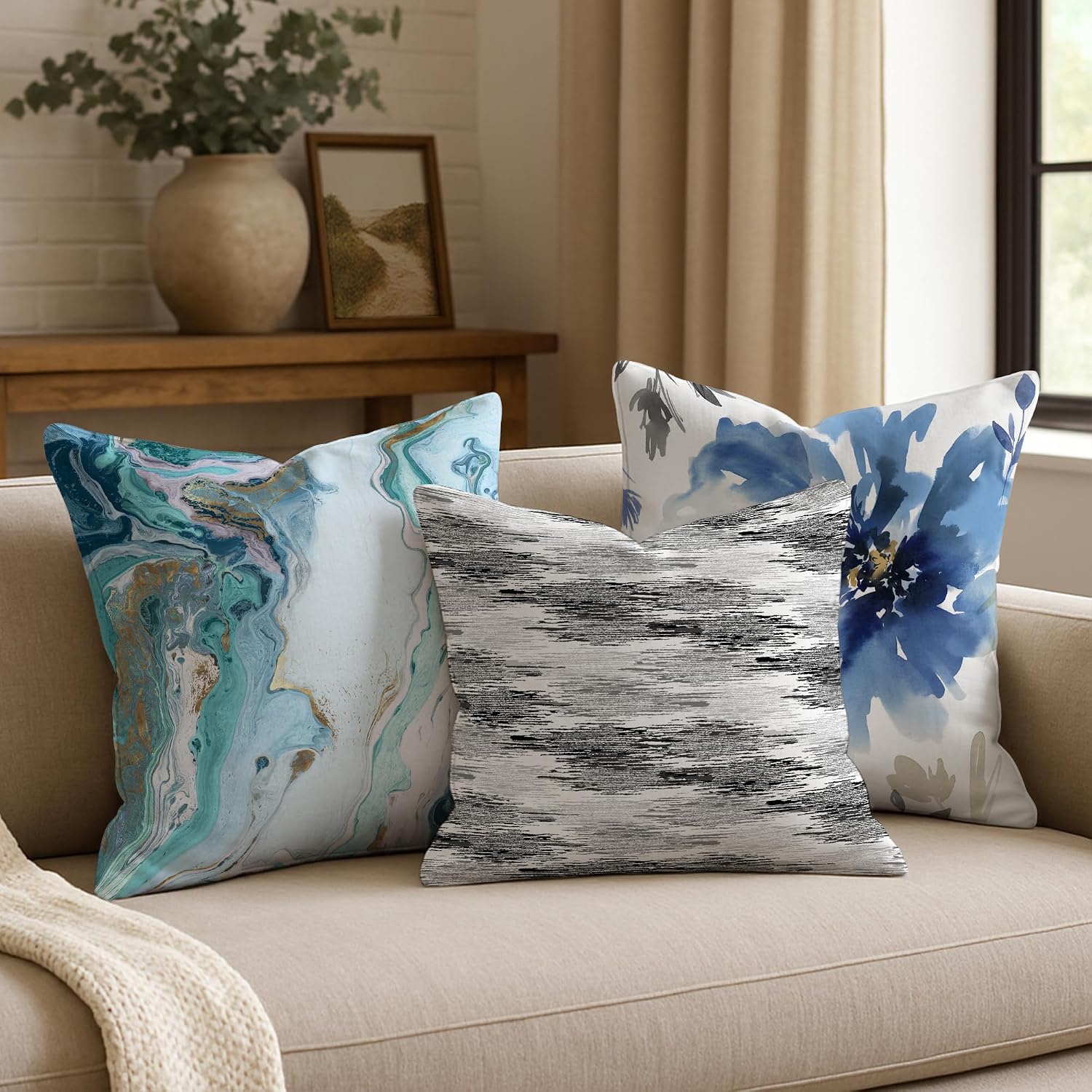 Americanflat 18X18 Throw Pillow With Sewn-In Insert - All-In-One Decorative Pillows - No Cover Needed - Soft And Durable Cushion For Bed Or Sofa - Polyester - Black, Grey And White