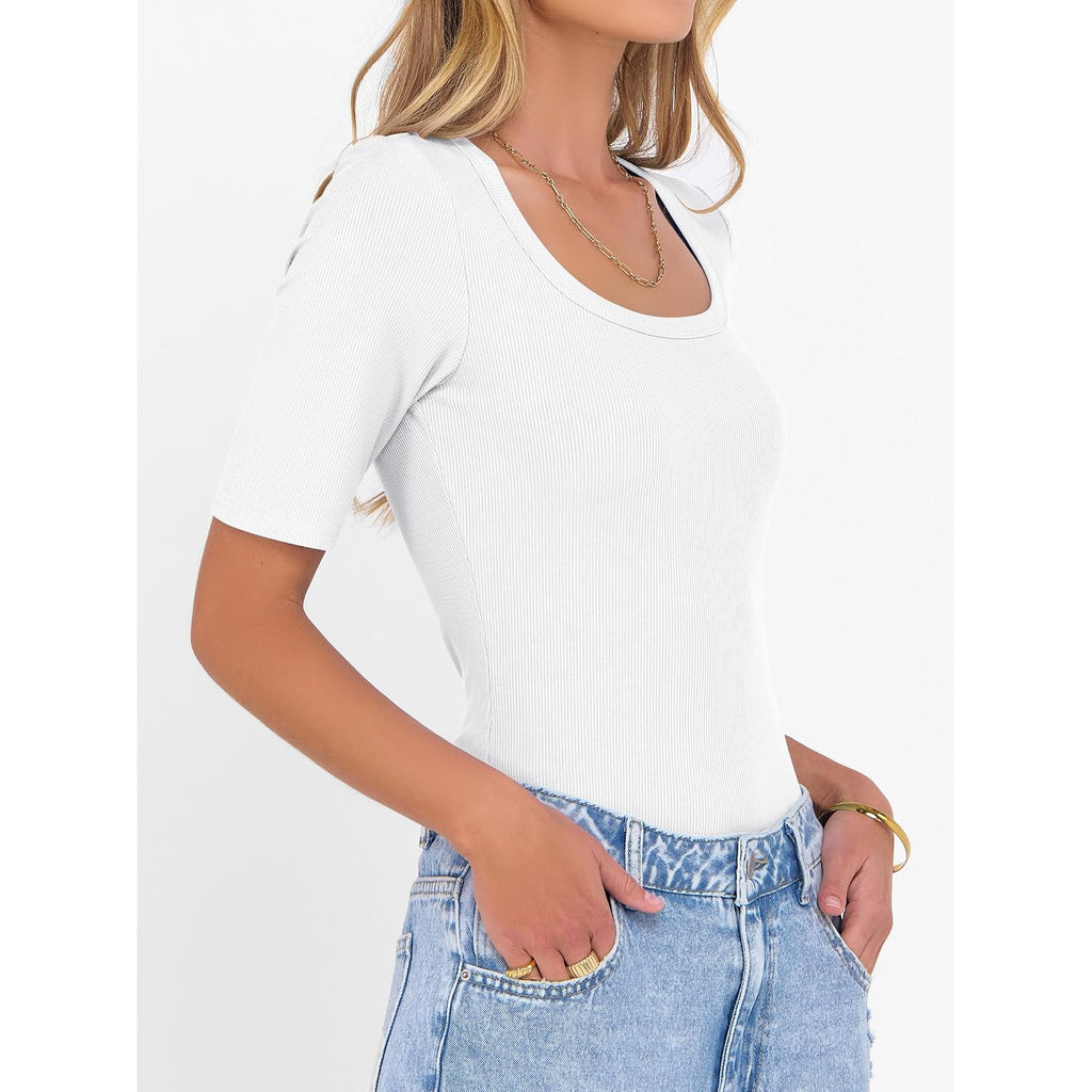 Anrabess Womens Half Sleeve Tops Scoop Neck Ribbed Knit Slim Fitted Basic Tee Shirts Summer 2026 Trendy Spring Casual Clothes