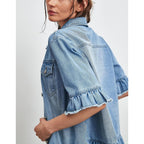 Short Sleeve Denim Jacket For Women Lightweight Blue Jean Jackets Ruffle Sleeve Denim Shirt Summer Top