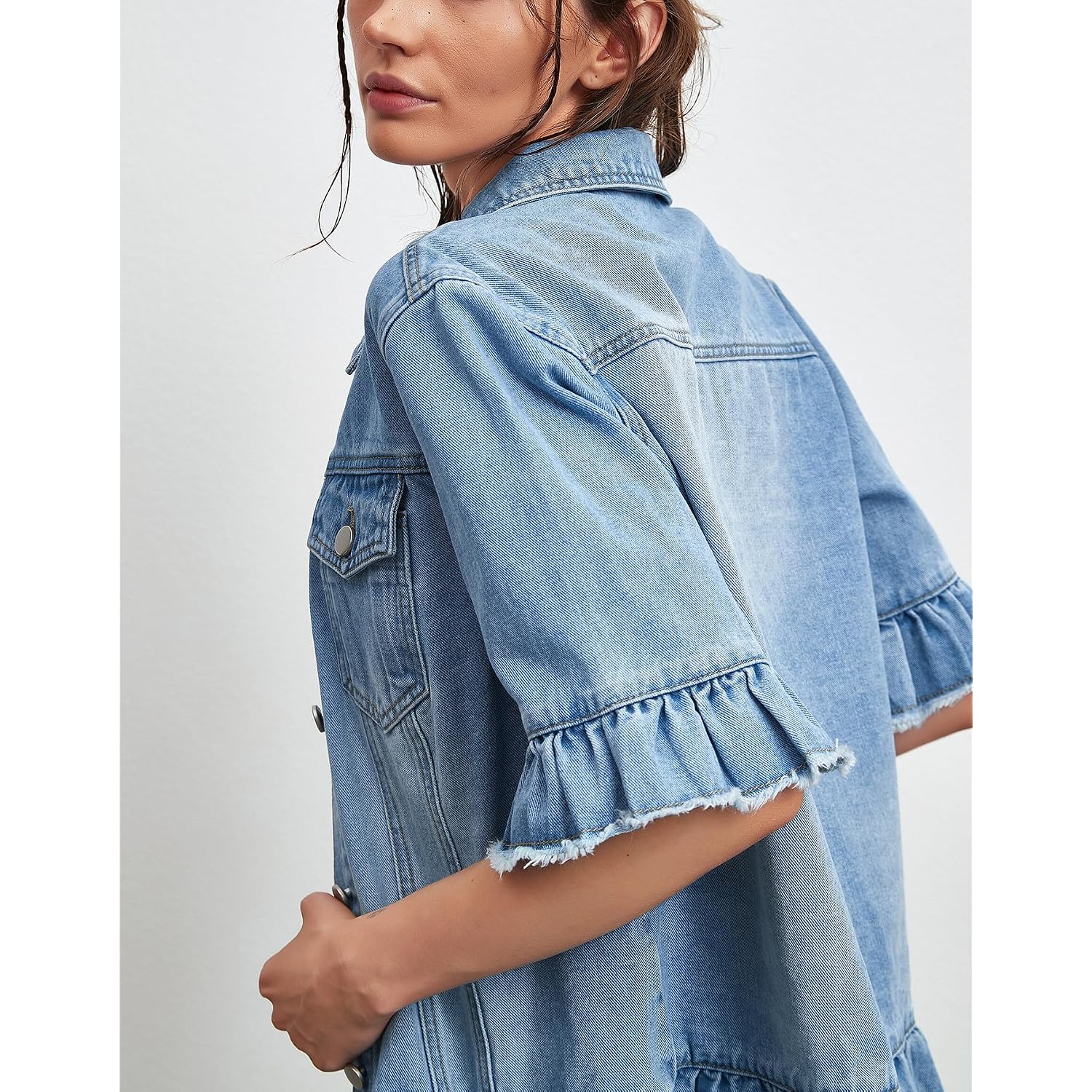 Short Sleeve Denim Jacket For Women Lightweight Blue Jean Jackets Ruffle Sleeve Denim Shirt Summer Top