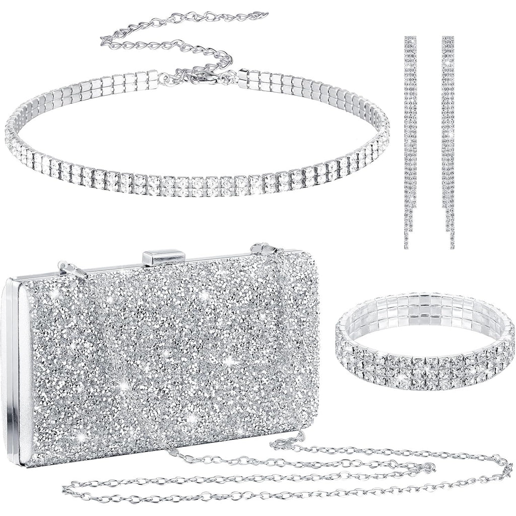Kigeli 4 Pieces Women Rhinestone Evening Clutch Bag Bling Earring Necklace Bracelet for Wedding Graduation Prom
