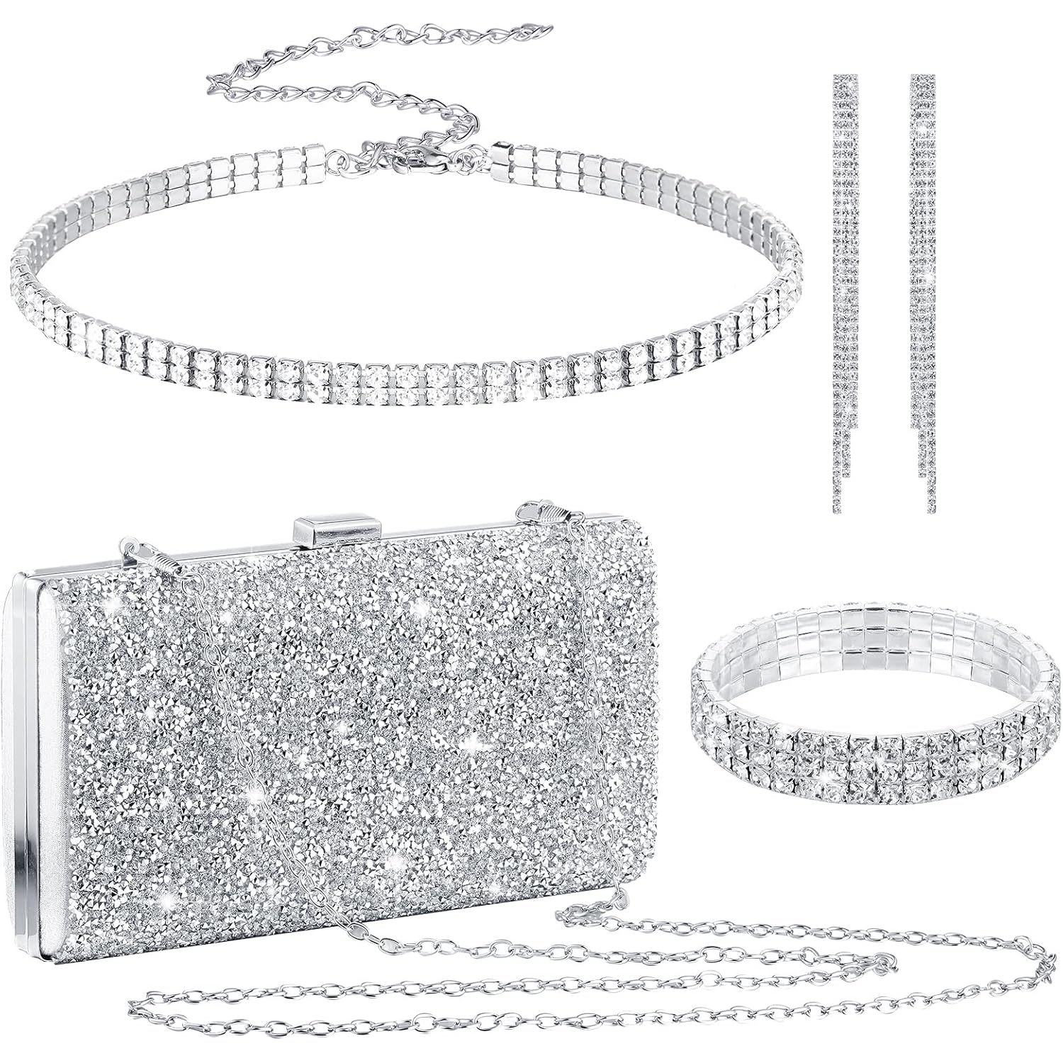 Kigeli 4 Pieces Women Rhinestone Evening Clutch Bag Bling Earring Necklace Bracelet for Wedding Graduation Prom