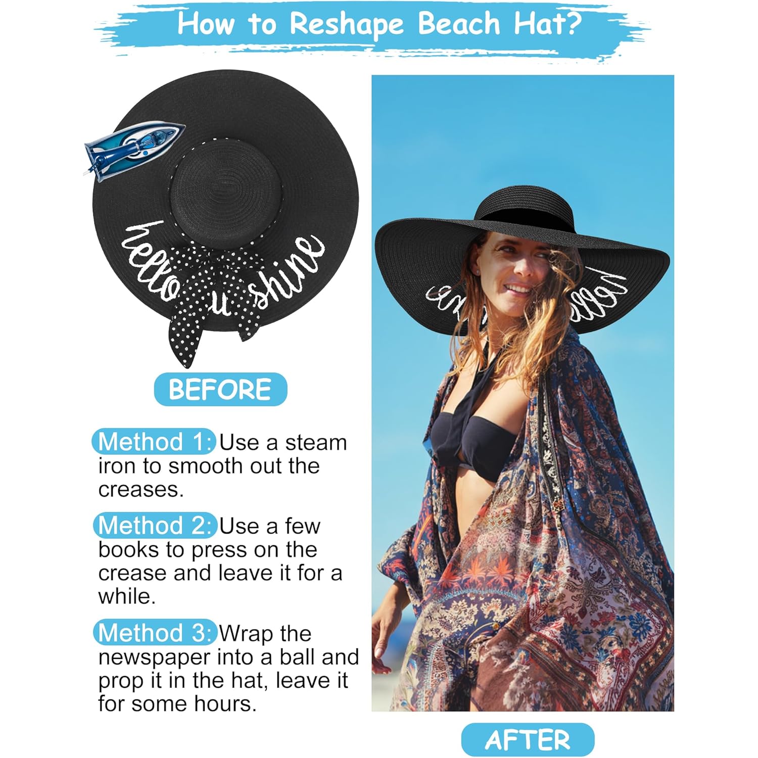Senker Fashion Beach Hats for Women, Floppy Straw Sun Hat Embroidered Wide Brim for Summer Honeymoon Vacation Cruise