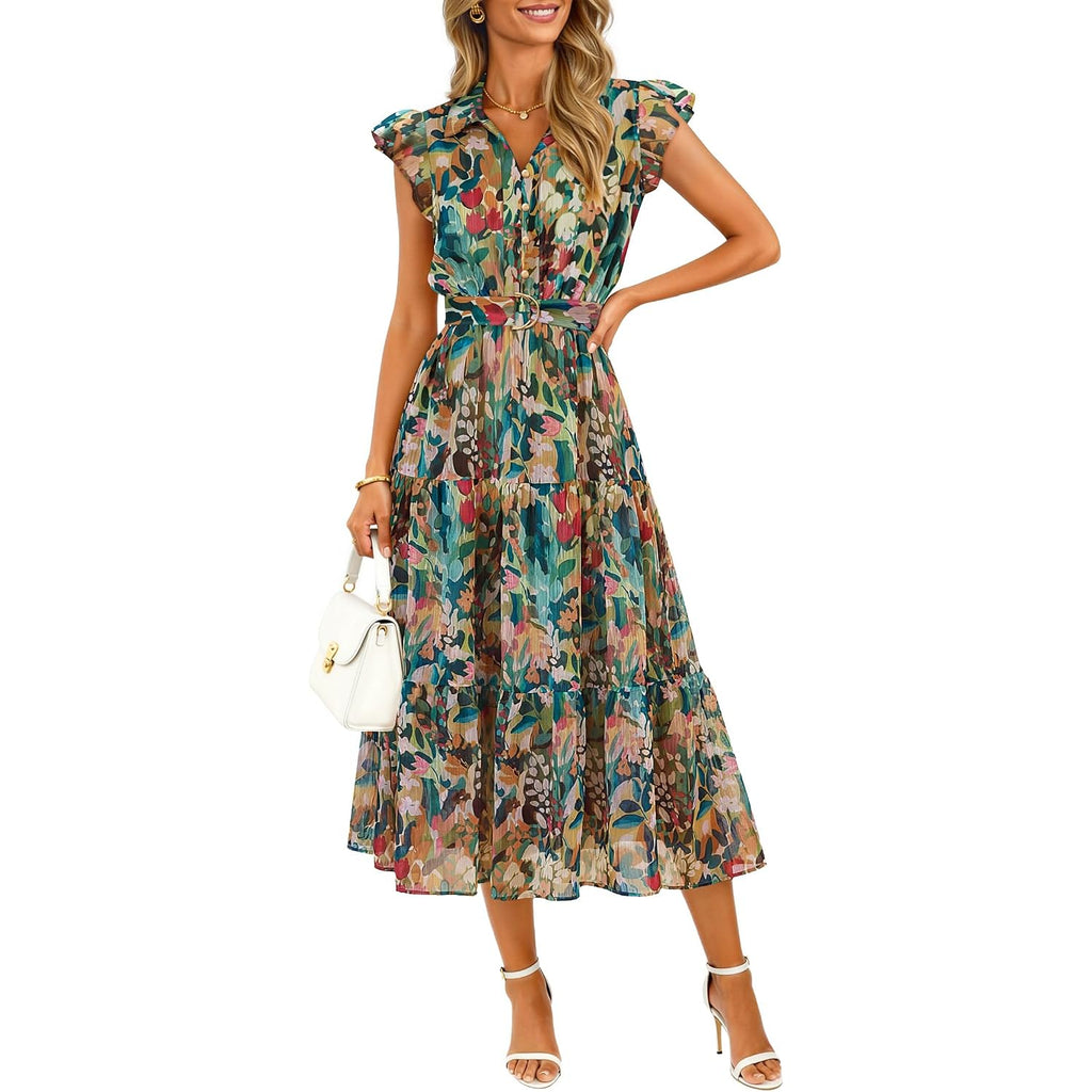 Zesica Women'S Summer Floral Midi Dress 2026 Casual Flutter Short Sleeve Chiffon Button Down Wedding Guest Party Dresses