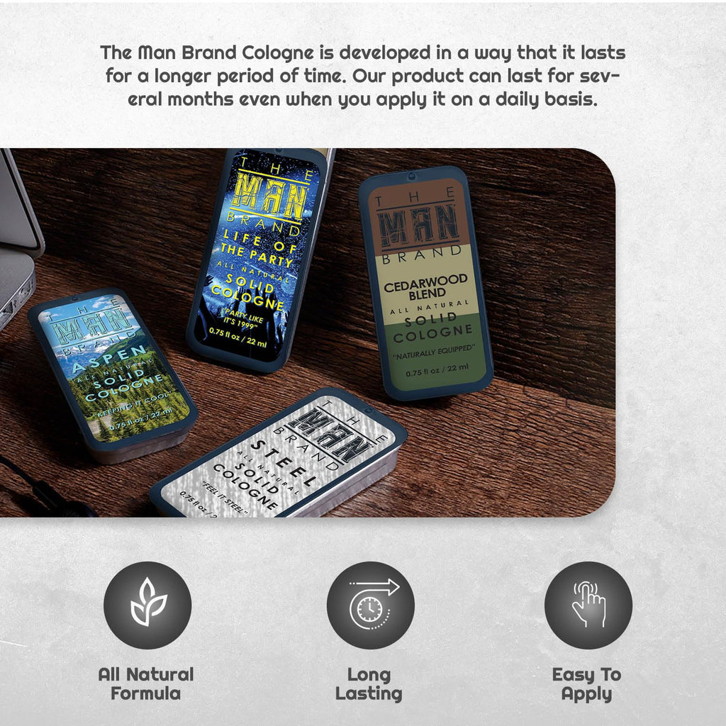 Mens Sample Solid Cologne Pack with Aspen, Lumberjack, Cedarwood Blend, Mystery Man, Life of the Party, Steel, and Business as Usual (Play Daily Solid Cologne Sampler Set - 7 Pack - 0.75 oz each)