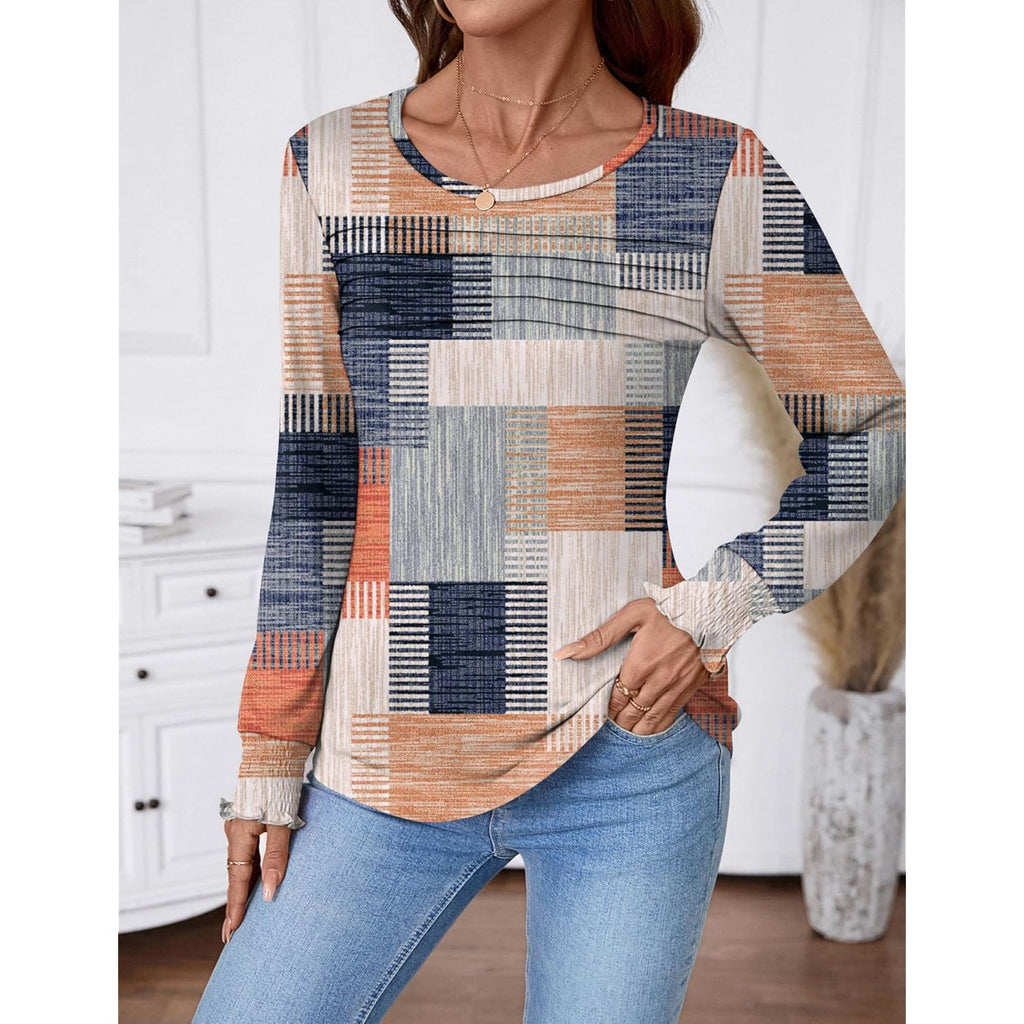 Women Tops Long Sleeve Blouses Dressy Casual Crewneck Pleated Tunic Shirts 2026 Loose Fashion Clothes