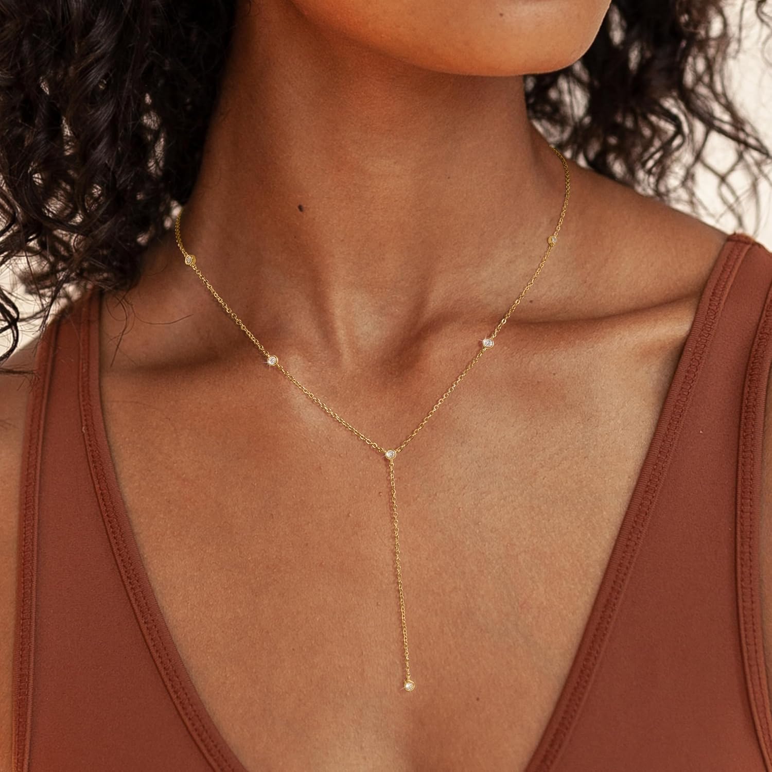 LuckFairy Lariat Necklace for Women，Dainty Gold Long Necklaces 14k Gold Plated CZ Lips Bead Y-Shaped Drop Chain Necklace Simple Gold Layered Necklaces for Women Trendy Gold Jewelry Gifts for Women