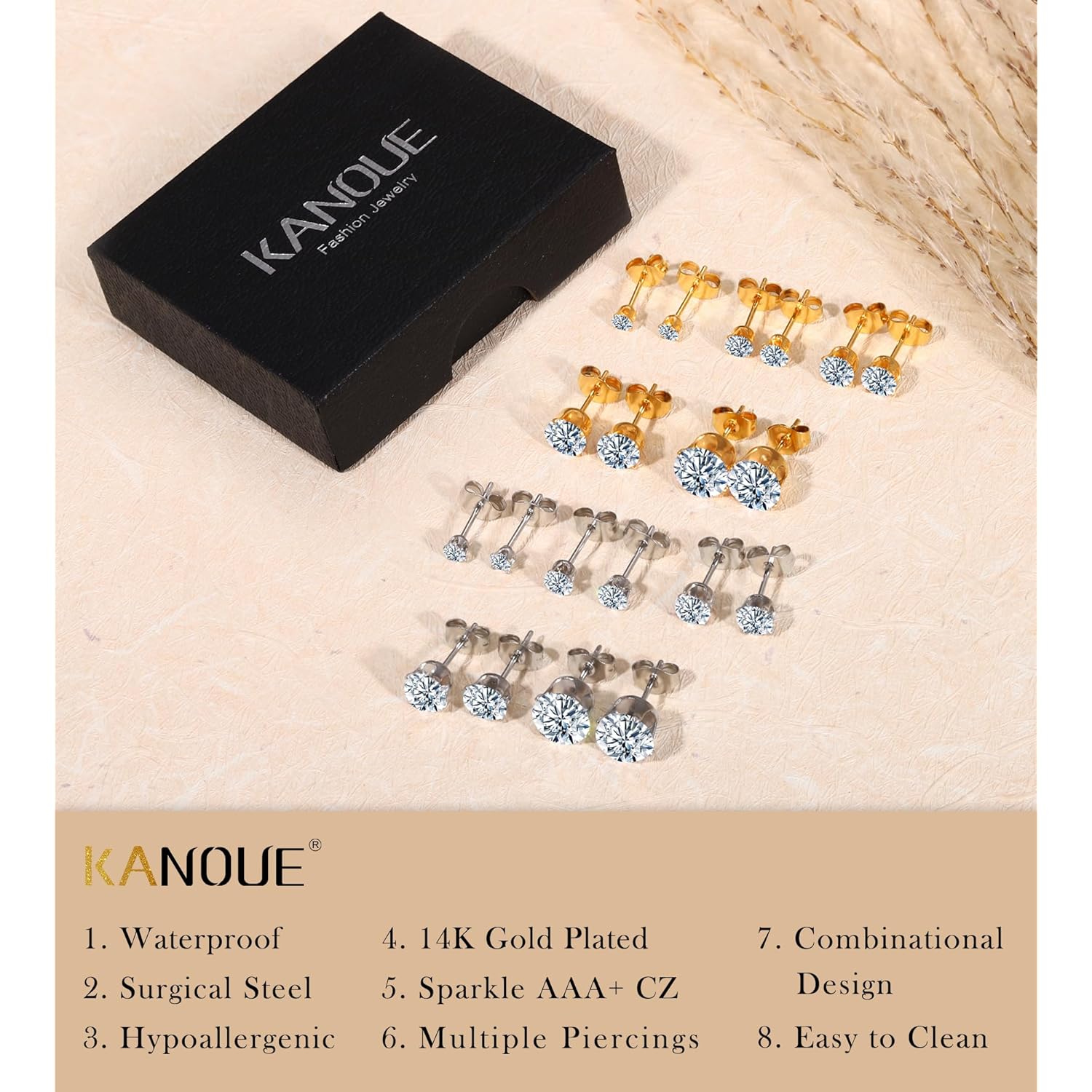 10 Pairs Surgical Steel Stud Earrings Set,14K Gold Plated Hypoallergenic Earrings Studs Set for Women, Stainless Steel Cubic Zirconia Waterproof Non Tarnish